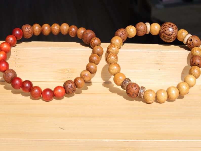 Wooden Bracelet set. Jackfruit beads with red Natural Wood and Polished Rudraksha beads. Madre De Cacao Wood and Palmwood and Coconut.