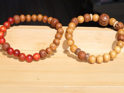 Wooden Bracelet set. Jackfruit beads with red Natural Wood and Polished Rudraksha beads. Madre De Cacao Wood and Palmwood and Coconut.