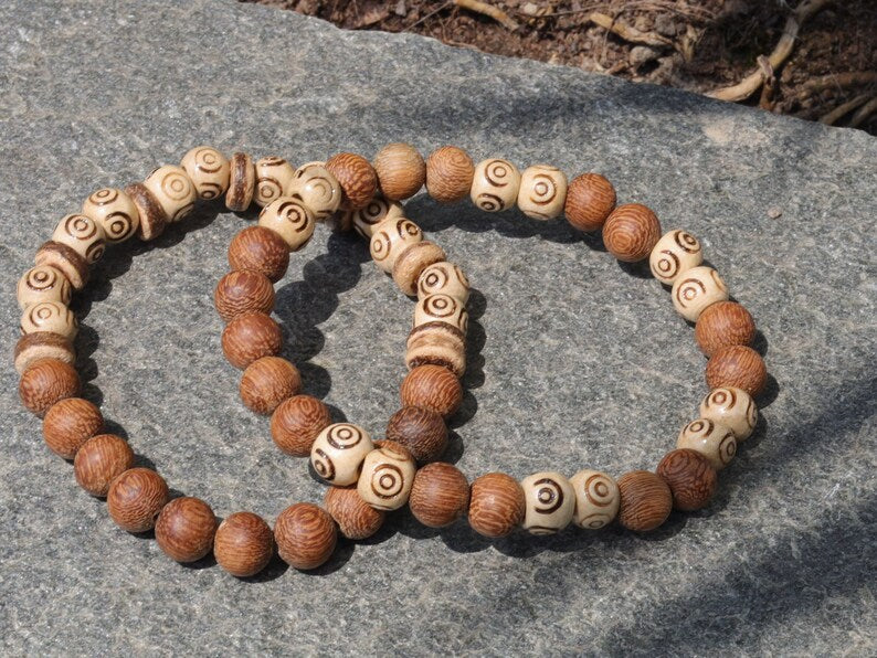 Wooden Bracelet set. Madre de Cacao Wood beads and Wooden beads with spiral. can represent growth, progression, and transformation