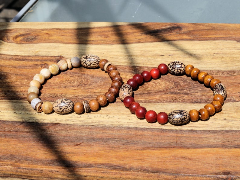 Wooden Bracelet set. Madre de Cacao Wood beads with Frosted matte jasper beads, palmwood, coconut and Palmerinha / Pacumbao seed beads.