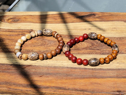 Wooden Bracelet set. Madre de Cacao Wood beads with Frosted matte jasper beads, palmwood, coconut and Palmerinha / Pacumbao seed beads.