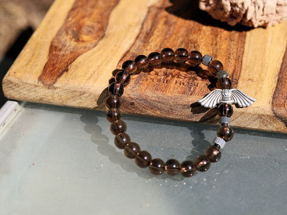 Smoky Quartz Stone bracelet with Angel Wings Beads and Stainless Steel Beads Gold Color.  can serve as a reminder of divine presence
