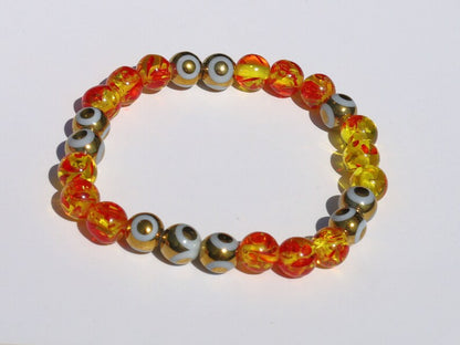 Yellow/Red acrylic beads with Electroplate Glass Beads Strands, Round with Evil Eye Pattern, gold color. protecting the wearer from harm
