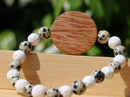 Beautiful, large Palm Wood bracelet with  Dalmatian Jasper and Lava stones are wonderful for calming the emotions.  very nice!