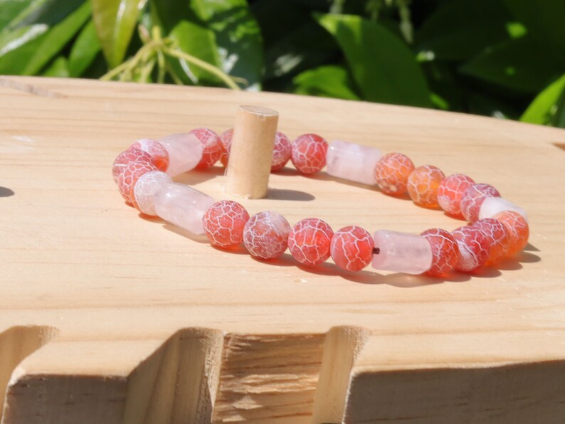 Natural Cylinder Shape Faceted Pink Crystal  Stone bracelet with dark red Crackle Agate Beads.awakens hidden talents and stabilizes the aura