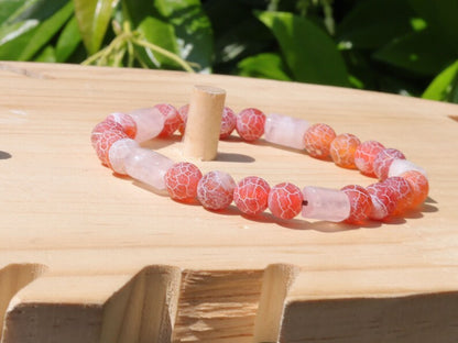 Natural Cylinder Shape Faceted Pink Crystal  Stone bracelet with dark red Crackle Agate Beads.awakens hidden talents and stabilizes the aura