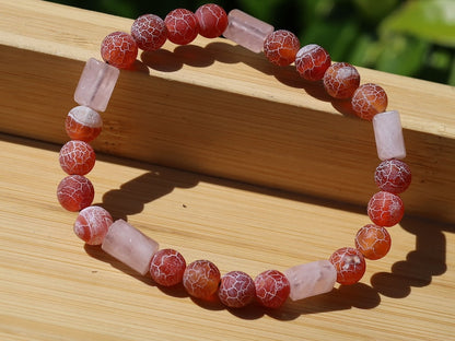 Natural Cylinder Shape Faceted Pink Crystal  Stone bracelet with dark red Crackle Agate Beads.awakens hidden talents and stabilizes the aura