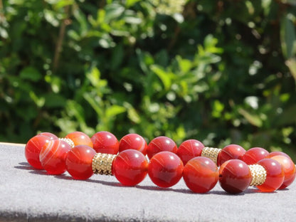 Red stripes agate beads bracelet with stainless Steel Beads Gold Color. enhance self-confidence, promote courage, and  a sense of calmness