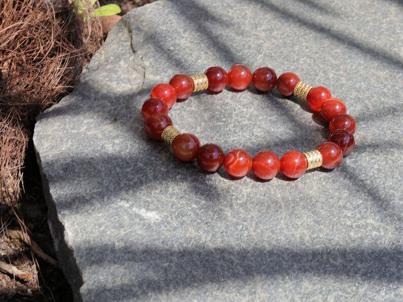 Red stripes agate beads bracelet with stainless Steel Beads Gold Color. enhance self-confidence, promote courage, and  a sense of calmness