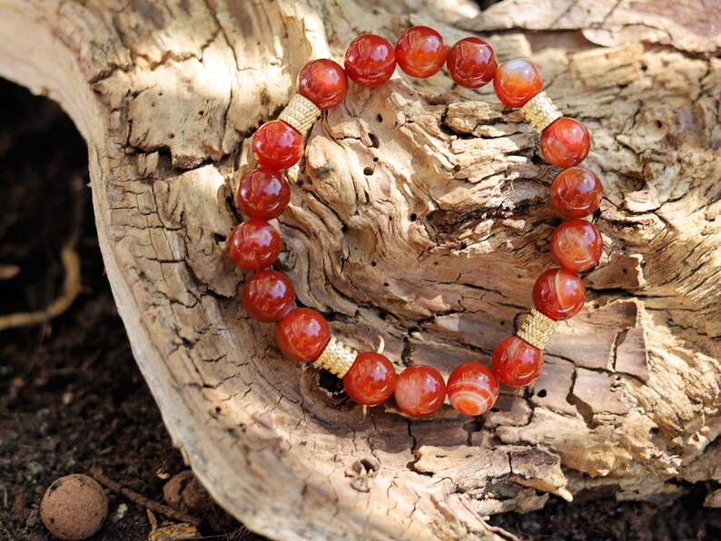 Red stripes agate beads bracelet with stainless Steel Beads Gold Color. enhance self-confidence, promote courage, and  a sense of calmness