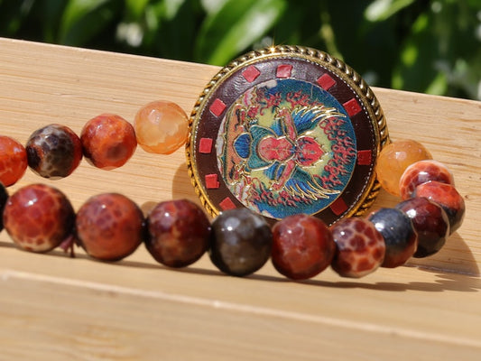 Unique, one of a kind Fire Crackle Agate bracelet with Ethnic Handmade Nepal Pendant God Of Wealth. bodhi, jade line, copper, sandalwood