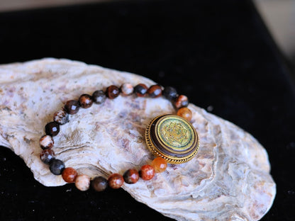 Unique, one of a kind Fire Crackle Agate bracelet with Ethnic Handmade Nepal Pendant God Of Wealth. bodhi, jade line, copper, sandalwood