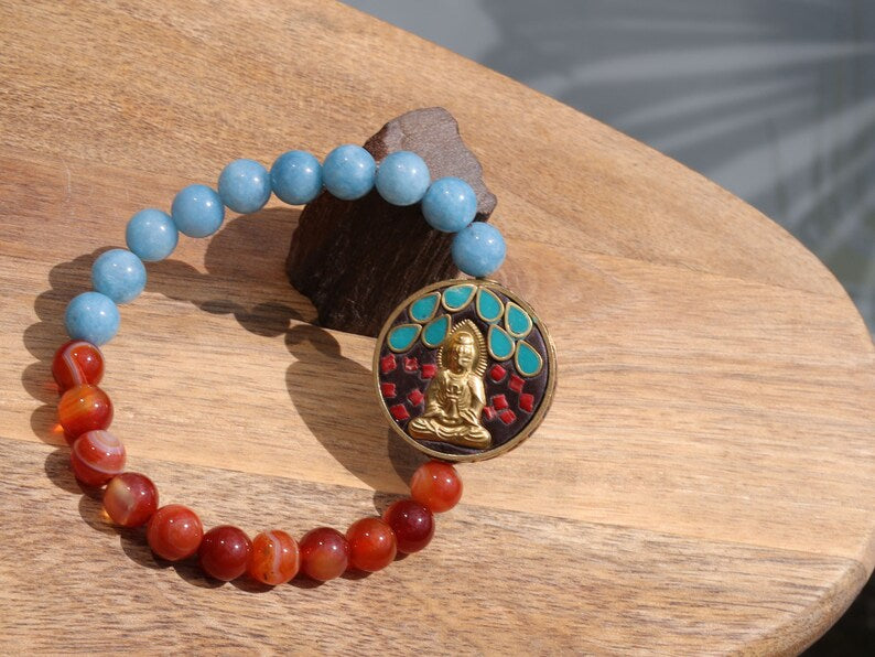 Natural Stone Red Stripes Agates Beads with aquamarine and Guan Yin, Goddess of Mercy, Colorful. Double sided. Double luck.