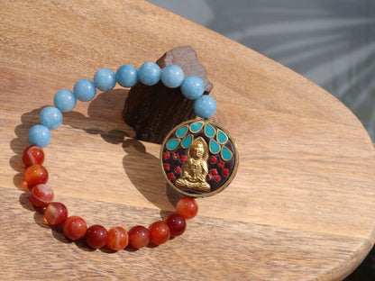 Natural Stone Red Stripes Agates Beads with aquamarine and Guan Yin, Goddess of Mercy, Colorful. Double sided. Double luck.