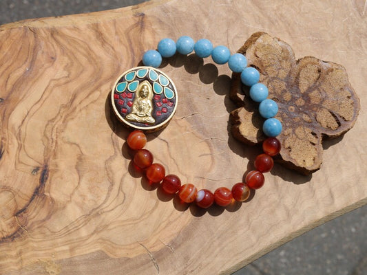Natural Stone Red Stripes Agates Beads with aquamarine and Guan Yin, Goddess of Mercy, Colorful. Double sided. Double luck.