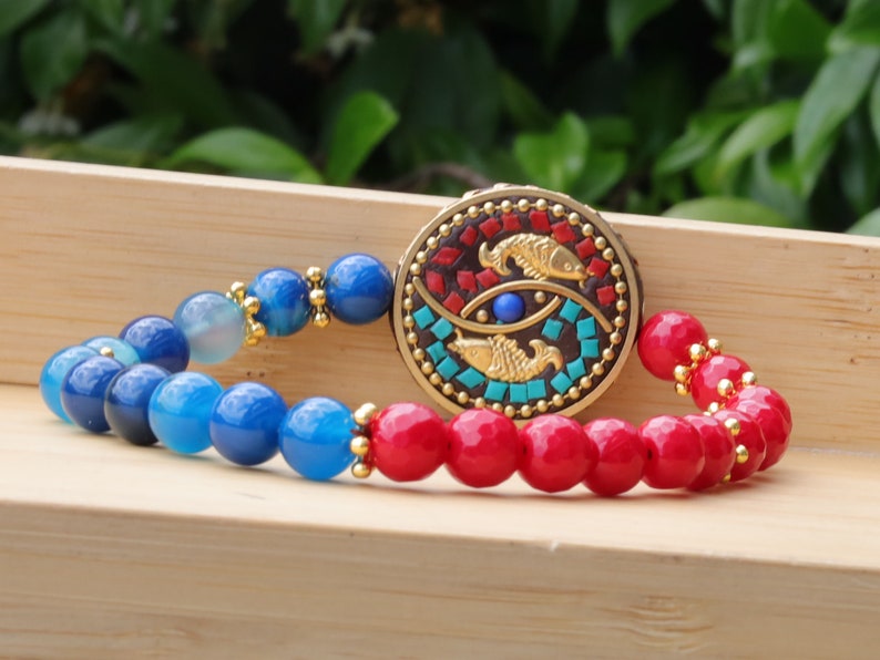 Natural Stone Beads Blue Banded Agate with faceted Red Coral beads and Handmade Indonesia Bead. Tibetan Style Alloy Spacer Discs
