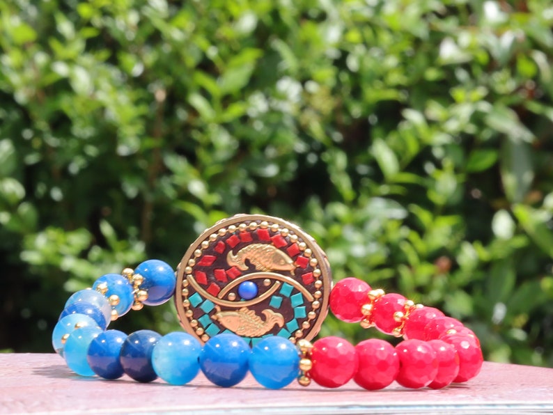 Natural Stone Beads Blue Banded Agate with faceted Red Coral beads and Handmade Indonesia Bead. Tibetan Style Alloy Spacer Discs