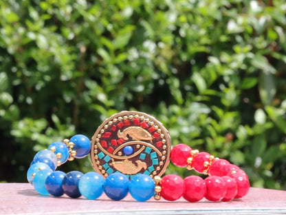 Natural Stone Beads Blue Banded Agate with faceted Red Coral beads and Handmade Indonesia Bead. Tibetan Style Alloy Spacer Discs