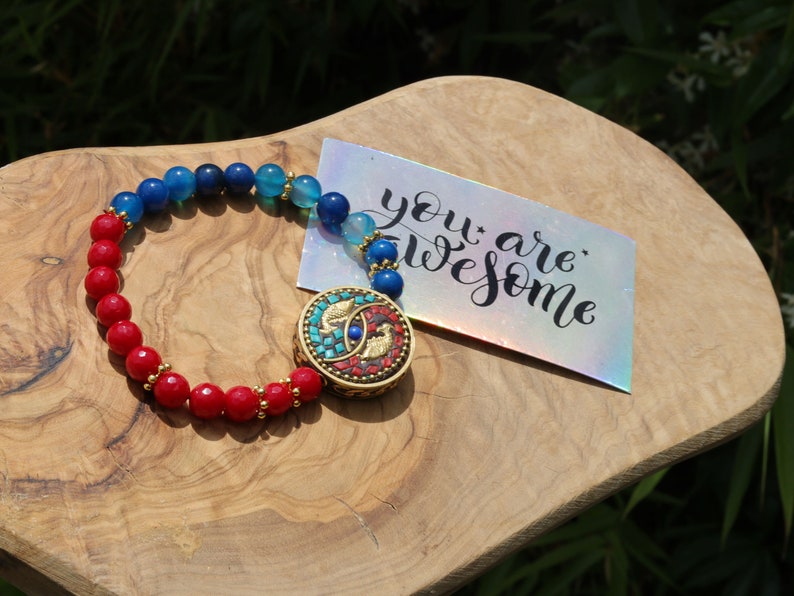Natural Stone Beads Blue Banded Agate with faceted Red Coral beads and Handmade Indonesia Bead. Tibetan Style Alloy Spacer Discs