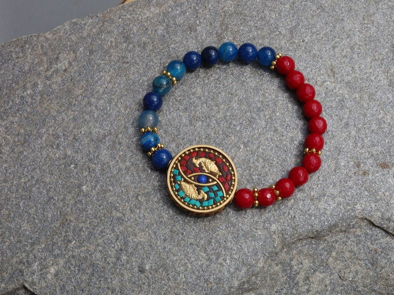 Natural Stone Beads Blue Banded Agate with faceted Red Coral beads and Handmade Indonesia Bead. Tibetan Style Alloy Spacer Discs
