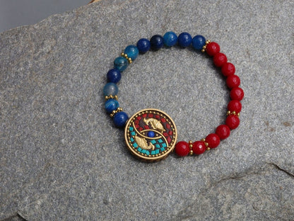Natural Stone Beads Blue Banded Agate with faceted Red Coral beads and Handmade Indonesia Bead. Tibetan Style Alloy Spacer Discs