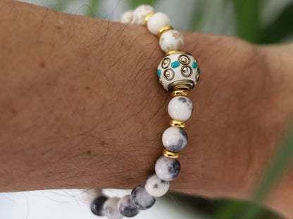 Kiwi Jasper  bracelet with Magnesite and Handmade Indonesia Bead, with Crystal AB Rhinestone and Antique Silver Tone Brass Findings