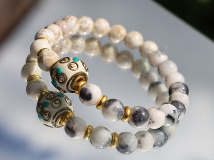 Kiwi Jasper  bracelet with Magnesite and Handmade Indonesia Bead, with Crystal AB Rhinestone and Antique Silver Tone Brass Findings