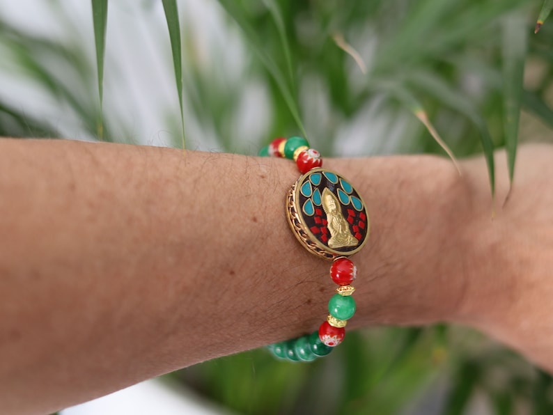 Red Mosaic Sun Disk Beads with Green Lace Jade beads and Guan Yin, Goddess of Mercy, Colorful