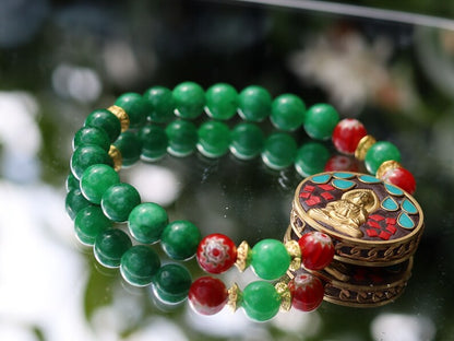 Red Mosaic Sun Disk Beads with Green Lace Jade beads and Guan Yin, Goddess of Mercy, Colorful