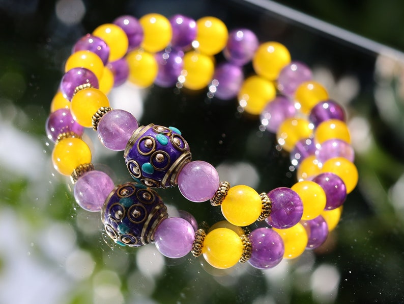 Yellow Topaz bracelet with Amethyst and Handmade Indonesia Bead, with Crystal AB Rhinestone and Antique Silver Tone Brass