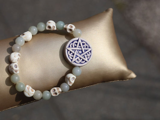 Real Howlite Skulls  combined with  Celtic Pentagram Hand Painted Ceramic Bead and  Birma Jade is known vibrant and intense green color.