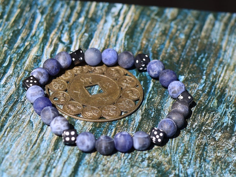 Zebra Jasper beaded bracelet with lucky Dice in Black with White. use lucky dice beads as personal talismans or charms