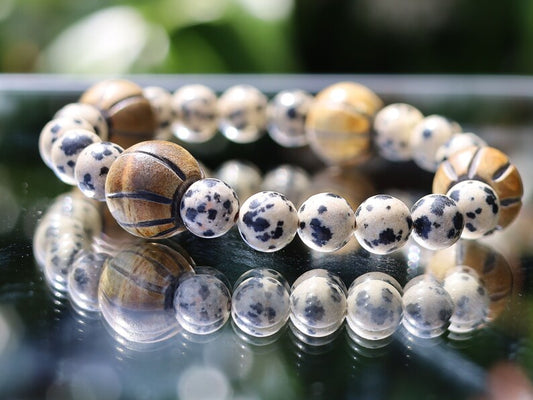 Dalmatian Jasper beaded bracelet with large round wooden beads, that look like Horn beads. Perfect handmade gifts