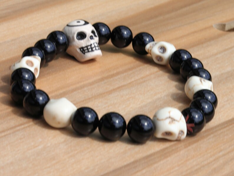 Large glazed ceramic bead Yin Yang Skull with black agate beads and real Howlite Skulls. emotional stability, and enhancing focus