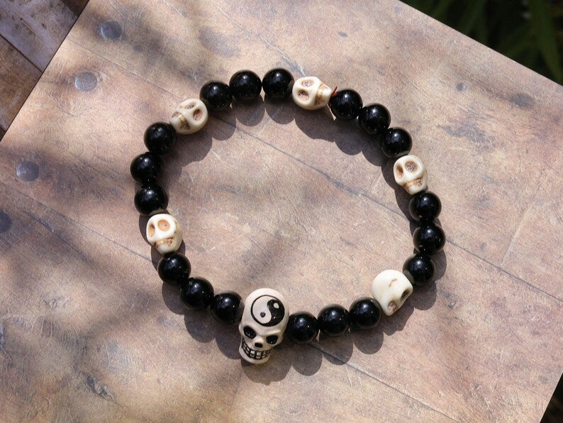 Large glazed ceramic bead Yin Yang Skull with black agate beads and real Howlite Skulls. emotional stability, and enhancing focus