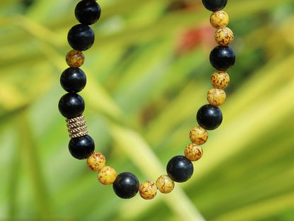 Beautiful Marble-look Glass beads with Obsidian beads. helping to shield against negative energies and promoting grounding and balance