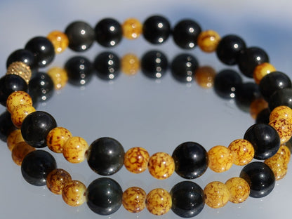 Beautiful Marble-look Glass beads with Obsidian beads. helping to shield against negative energies and promoting grounding and balance