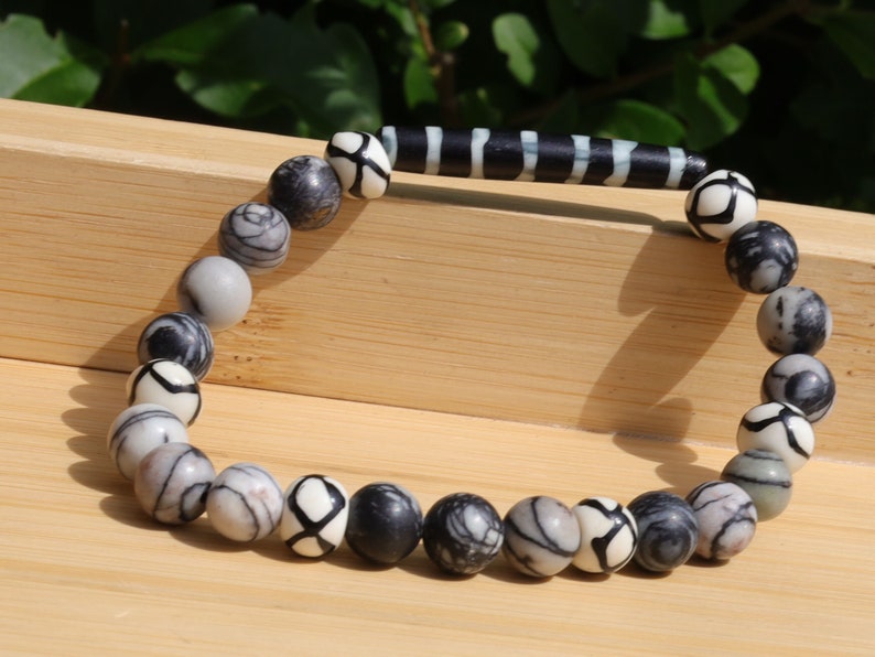 Very nice, long Bone Hairpipe bead bracelet with Spiderweb Jasper and Wavy Line & Dots Bone Beads. on-trend unique jewelry