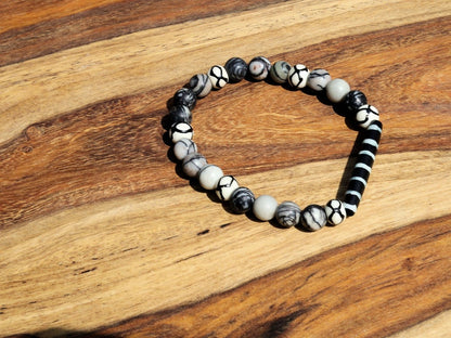 Very nice, long Bone Hairpipe bead bracelet with Spiderweb Jasper and Wavy Line & Dots Bone Beads. on-trend unique jewelry