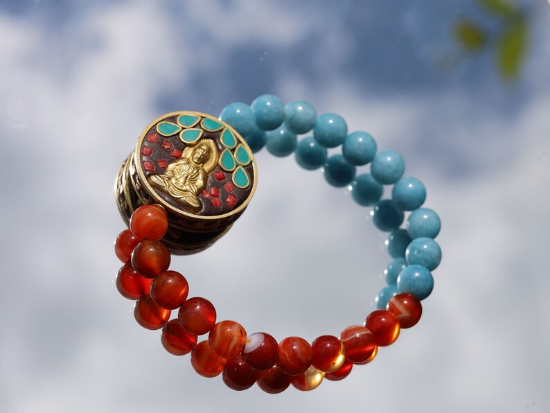Natural Stone Red Stripes Agates Beads with aquamarine and Guan Yin, Goddess of Mercy, Colorful. Double sided. Double luck.
