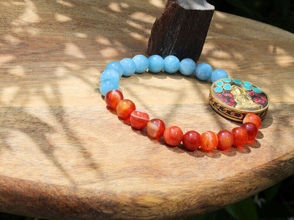 Natural Stone Red Stripes Agates Beads with aquamarine and Guan Yin, Goddess of Mercy, Colorful. Double sided. Double luck.