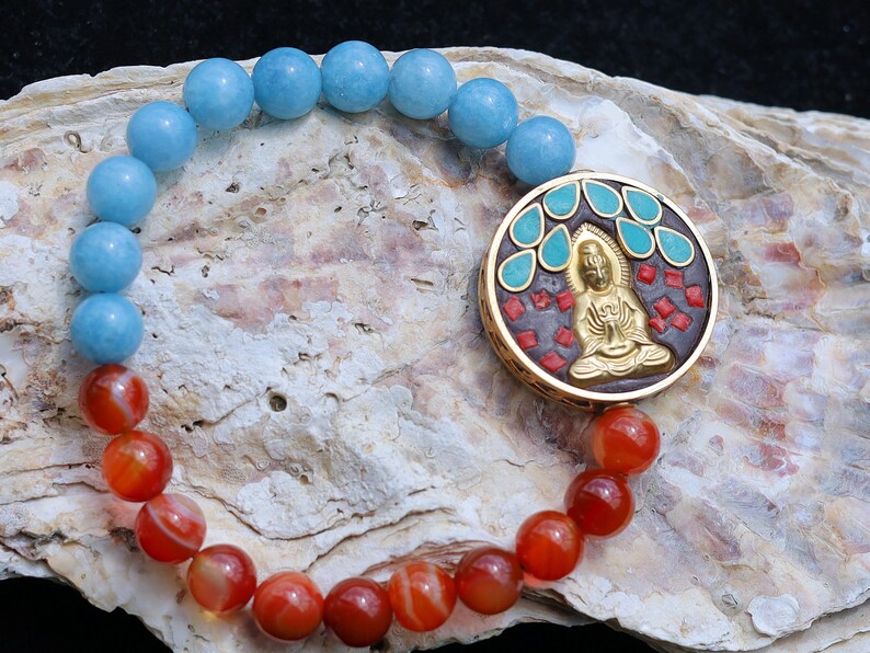 Natural Stone Red Stripes Agates Beads with aquamarine and Guan Yin, Goddess of Mercy, Colorful. Double sided. Double luck.