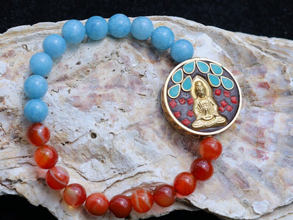 Natural Stone Red Stripes Agates Beads with aquamarine and Guan Yin, Goddess of Mercy, Colorful. Double sided. Double luck.