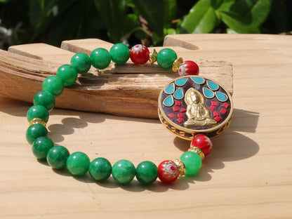 Red Mosaic Sun Disk Beads with Green Lace Jade beads and Guan Yin, Goddess of Mercy, Colorful