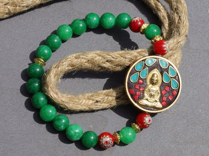 Red Mosaic Sun Disk Beads with Green Lace Jade beads and Guan Yin, Goddess of Mercy, Colorful