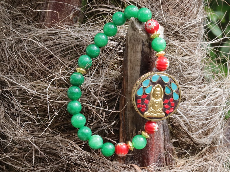 Red Mosaic Sun Disk Beads with Green Lace Jade beads and Guan Yin, Goddess of Mercy, Colorful