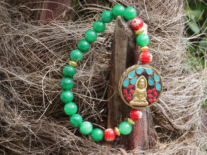 Red Mosaic Sun Disk Beads with Green Lace Jade beads and Guan Yin, Goddess of Mercy, Colorful