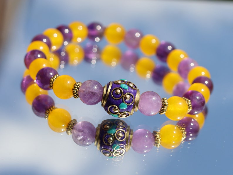 Yellow Topaz bracelet with Amethyst and Handmade Indonesia Bead, with Crystal AB Rhinestone and Antique Silver Tone Brass