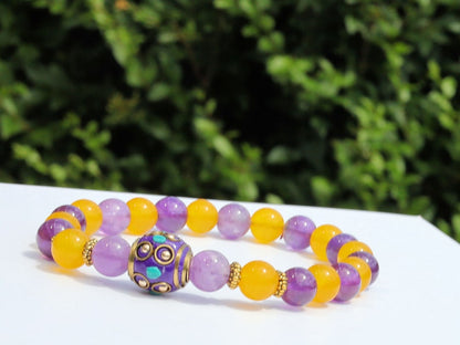 Yellow Topaz bracelet with Amethyst and Handmade Indonesia Bead, with Crystal AB Rhinestone and Antique Silver Tone Brass