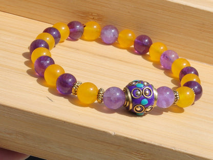 Yellow Topaz bracelet with Amethyst and Handmade Indonesia Bead, with Crystal AB Rhinestone and Antique Silver Tone Brass